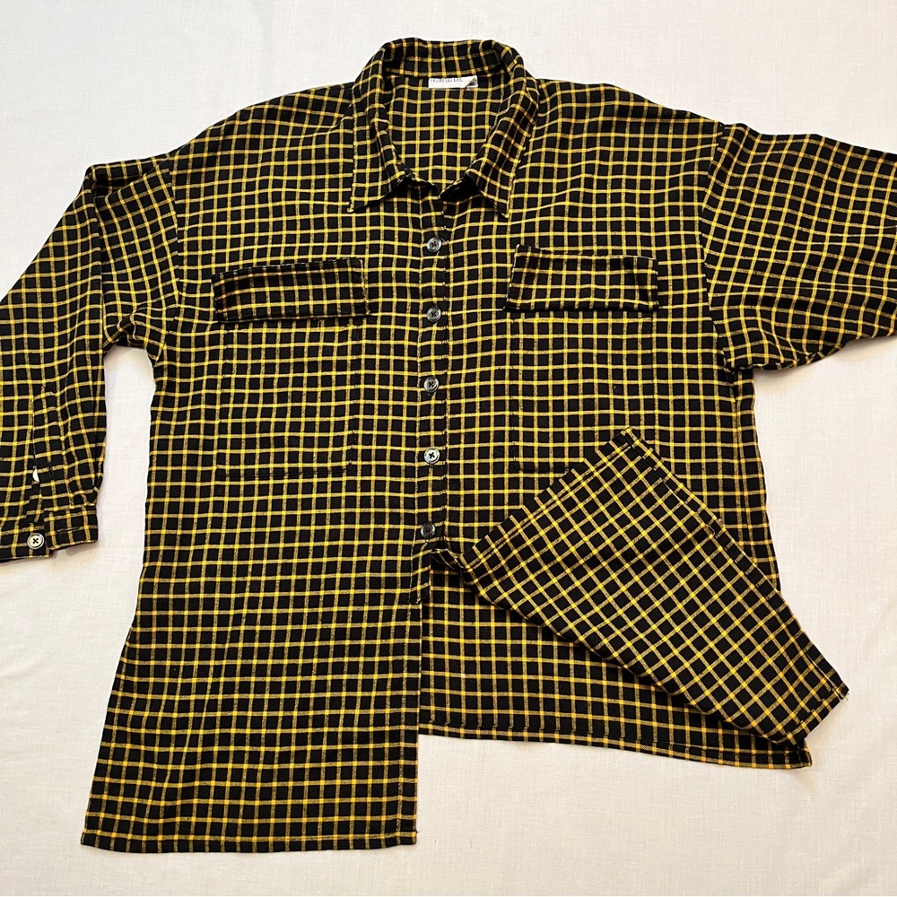 Vintage Henri Bendel Plaid Button-Up Shirt Black & Yellow Gold S - Picture 8 of 10